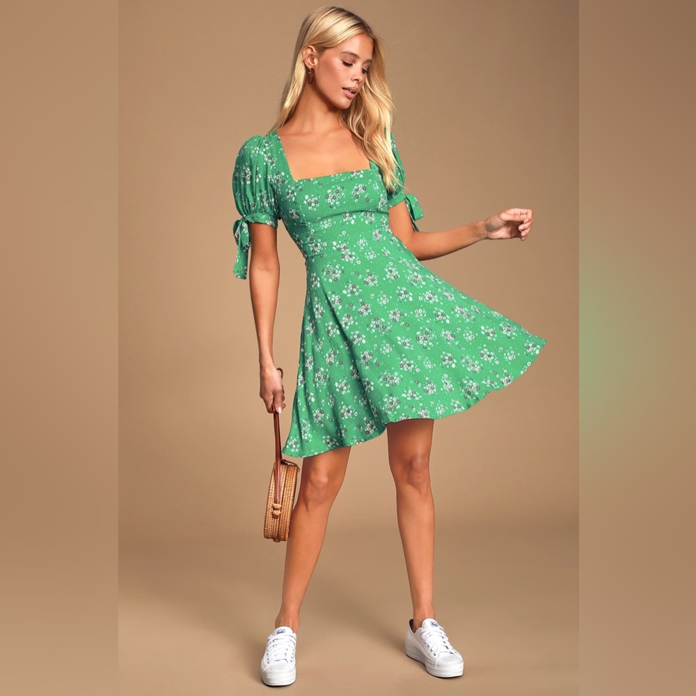 LULUS Camellia Curtsies Green Floral Print Skater Dress - Size S - Picture 3 of 15